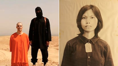 A la izquierda, una imagen del vídeo del Estado Islámico de la ejecución del periodista estadounidense James Foley en 2014. A la derecha, fotografía de la camboyana Bophana, encarcelada, torturada y ejecutada por el régimen de los jemeres rojos, del Museo del Genocidio de Tuol Sleng.