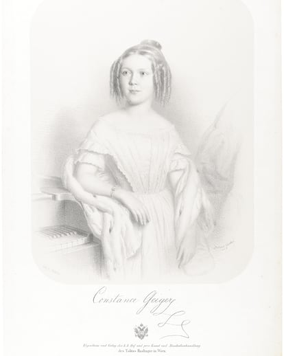 La compositora Constanza Geiger, en una litografa de Gabriel Decker (1849).