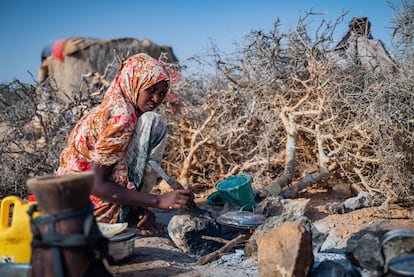 Ridwan, de 16 años, prepara el desayuno para su familia en la mañana del 14 de junio de 2022, en Dudumale de Nugaal (Somalia). Debido a la sequía y al aumento de los precios de los alimentos, las comunidades nómadas han tenido dificultades en este período de sequía.