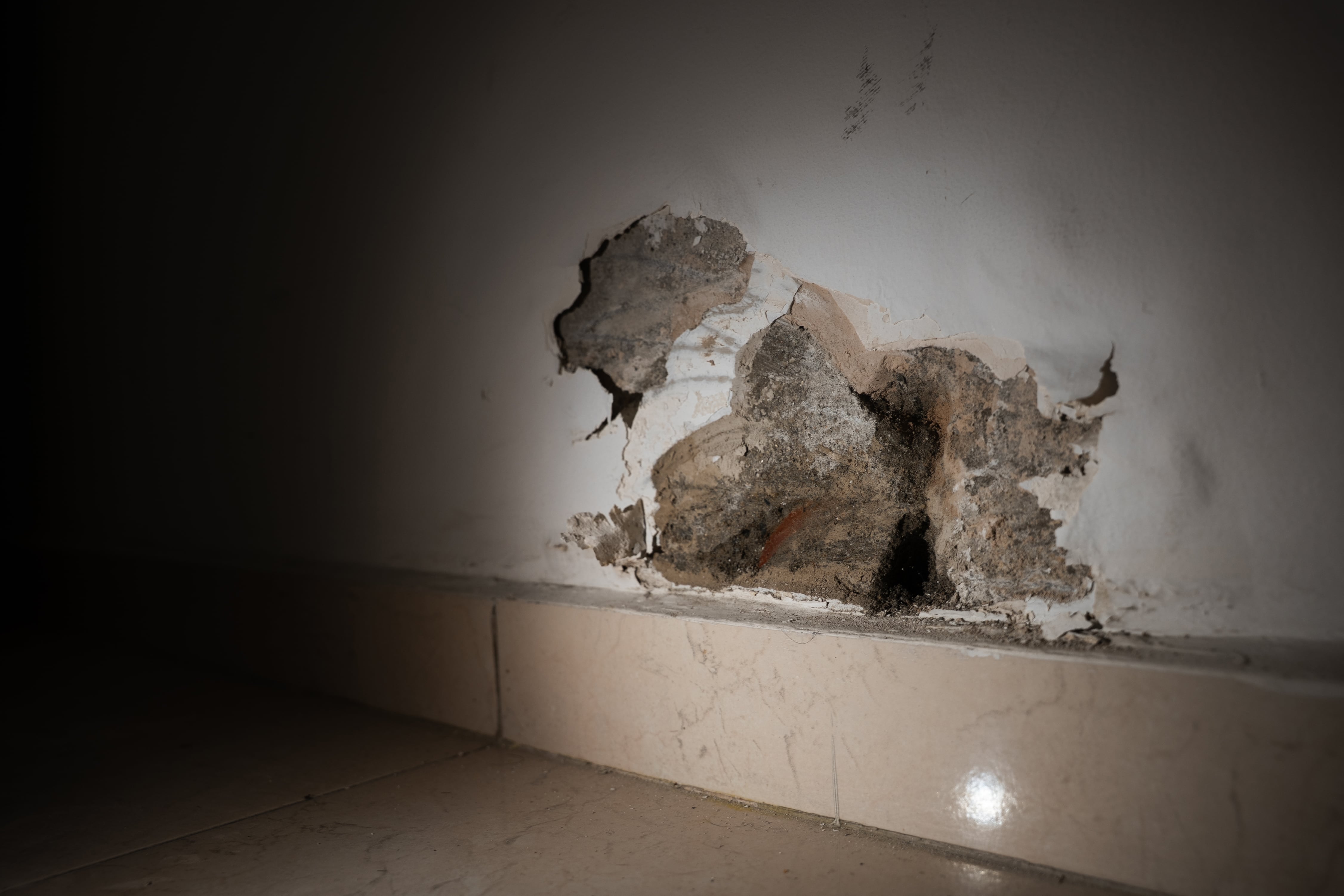 Una fractura en una pared del apartamento de Bachir Carrillo.