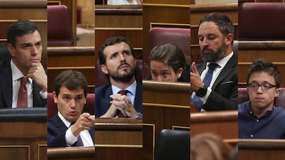 De izquierda a derecha: Pedro Sánchez, Albert Rivera, Pablo Casado, Pablo Iglesias, Santiago Abascal e Íñigo Errejón. 