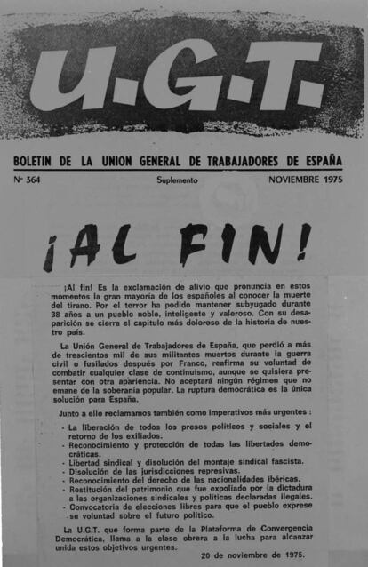 Boletín de la UGT de novimebre de 1975, tras la muerte de Franco.