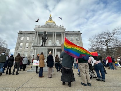 Advocates for transgender youth rally outside the New Hampshire Statehouse, in Concord, New Hampshire, on March 7, 2023.