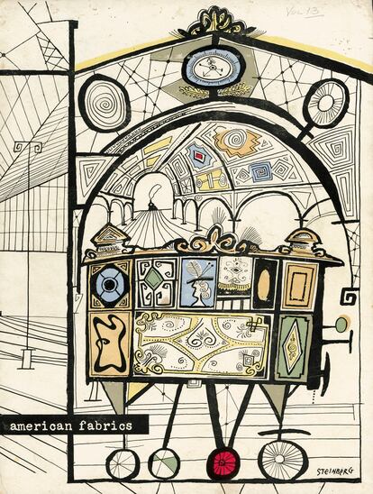 'Libro American fabrics with Steinberg trains book' (1949), del caricaturista Saul Steinberg.