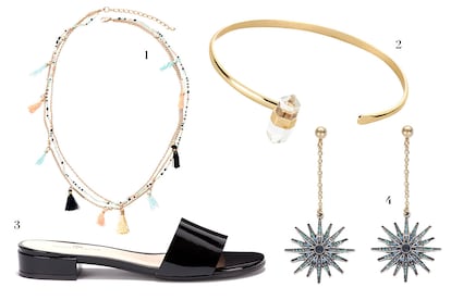 Collar (9,95 €); pulsera rígida cuarzo (17,95 €); pendientes de estrellla (12,95 €); y sandalias de GLORIA ORTIZ (69,99 €). Todo en EL CORTE INGLÉS.