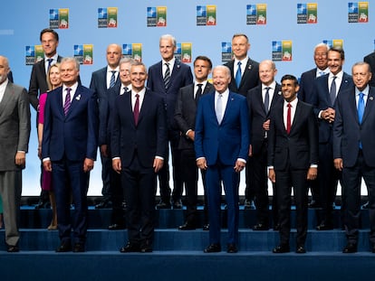 The heads of state and government leaders of NATO member-countries and NATO Secretary General Jens Stoltenberg (third from left) in Vilnius on Tuesday