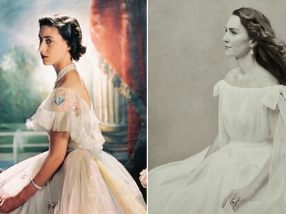 Margarita de Inglaterra, en 1949, y Kate Middleton, en noviembre de 2021, retratadas por Cecil Beaton y Paolo Roversi, respectivamente.