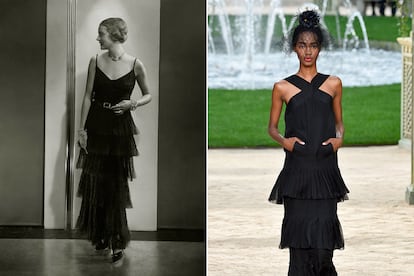El vestido de noche

Si Coco incorporó el vestido corto negro (LBD) como elemento imprescindible de cualquier fondo de armario, tampoco se olvidó de dejar en herencia un diseño nocturno, igual de socorrido, con falda cuajada de volantes y tirante espagueti. El diseño de la izquierda, que se publicó en Vogue en 1929, encontró su réplica perfecta –actualizada y menos marcada por el espíritu flapper– en este diseño de la colección alta costura primavera-verano 2018 de Chanel.