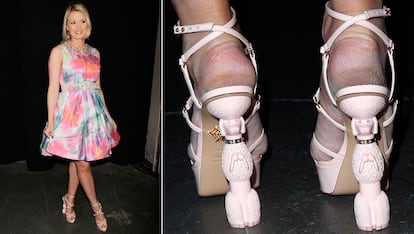 La modelo Holly Madison arruinó las complicadas sandalias de Charlotte Olympia con tacón de oveja por culpa de pasar de la piedra pómez y la crema hidratante.