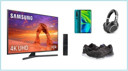 De izquierda a derecha: televisor Samsung 50RU7405, móvil Xiaomi Mi Note 10, auriculares Sennheiser PXC550 y, debajo, zapatillas de running New Balance.