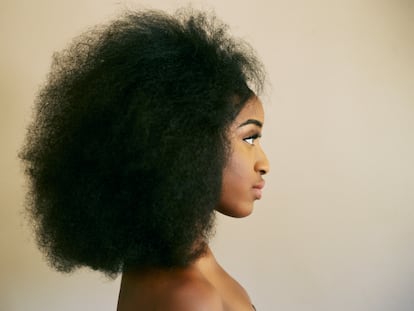 Una mujer con el pelo afro posa para una fotografía.