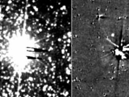 Imágenes captadas por la sonda New Horizons: a la izquierda, el original; en el centro, con Plutón y Caronte restados; a la derecha, las cuatro pequeñas y sus órbitas dibujadas (Estigia, en verde; Nix, en amarillo; Cerbero, en naranja, e Hidra, en rojo).