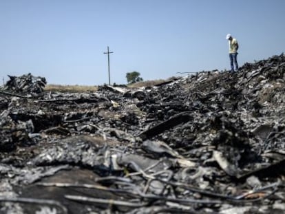 Un hombre junto a restos del avi&oacute;n de Malaysia Airlines en Ucrania.