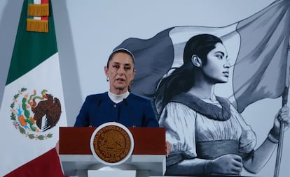 Claudia Sheinbaum durante la 'Mañanera del Pueblo' de este miércoles, en Palacio Nacional. 