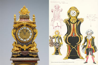 A la izquierda, reloj de sobremesa de finales del siglo XVII, perteneciente a la colección del Metropolitan. A la derecha, dibujo preparatorio de 'La bella y la bestia' (1991), de Peter J. Hall.