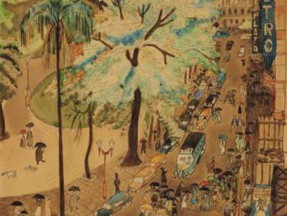 'Plaça Getulio Vargas. Rio de Janeiro, 1946', aquarel·la i tinta xinesa de Bo Bardi. 