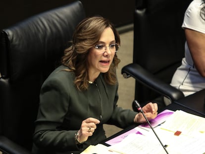 Blanca Lilia Ibarra, presidenta del INAI, durante el informe de labores del organismo ante el Senado, el 23 de marzo de 2023.