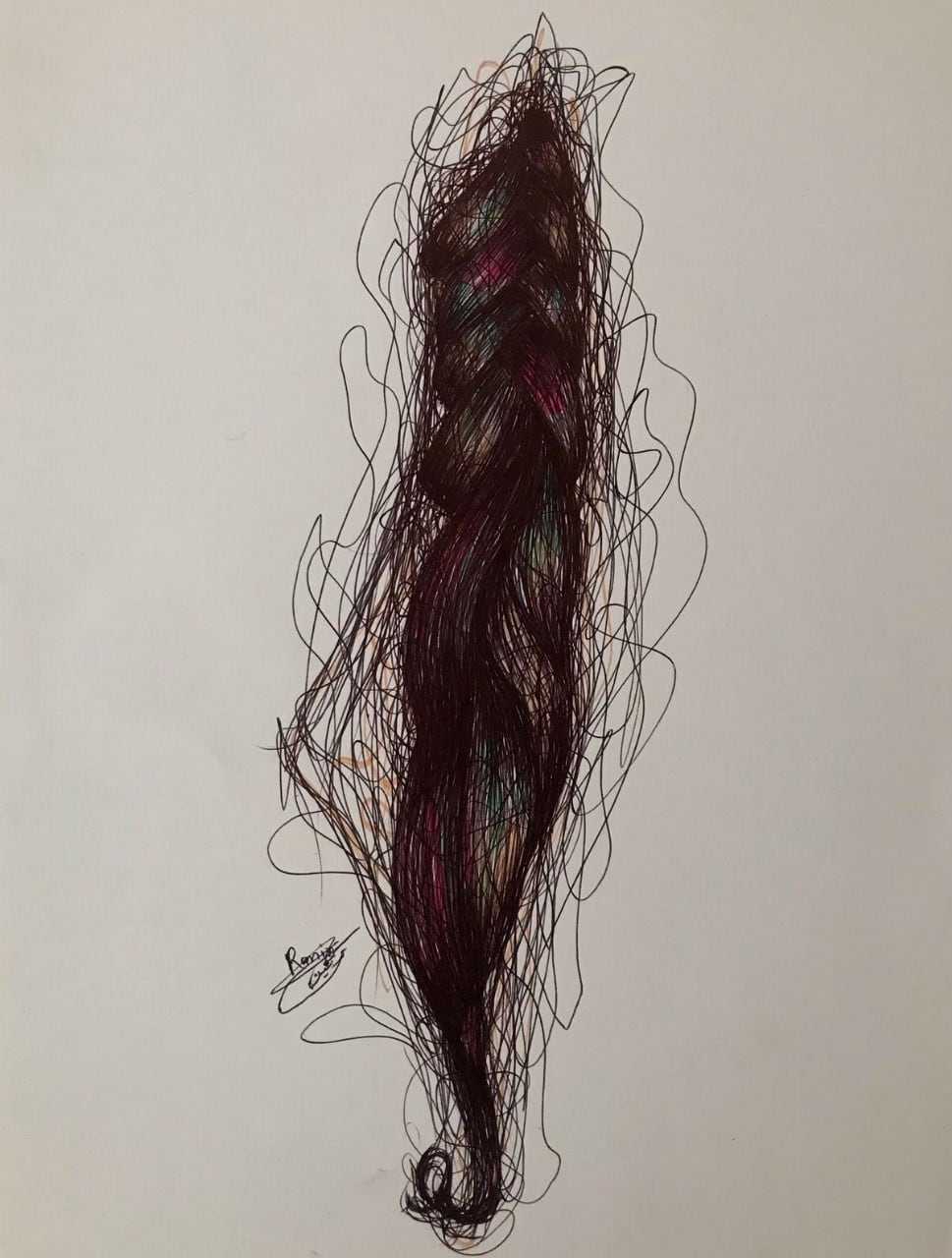 La obra de Ranin Alzeriei muestra el cabello de una niña asesinada por Israel en Gaza, en una imagen cedida por ella.