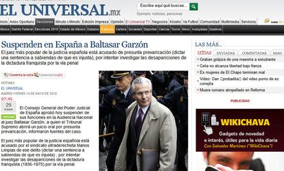 El diario mexicano El Universal también recoge de manera destacada la noticia sobre la suspensión del juez de la Audiencia Nacional, Baltasar Garzón