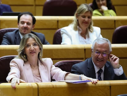 La portavoz del PP en el Senado, Alicia García, y el senador popular Javier Arenas, durante la sesión celebrada este martes en la Cámara alta. El PP planteará “un conflicto entre órganos” que enfrenta a Senado y Congreso por la amnistía. Alberto Núñez Feijóo y Pedro Sánchez van al choque.