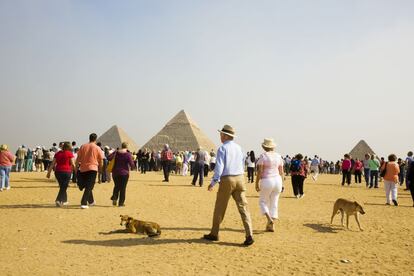 Una multitud de turistas antes las pirámides de Giza, en Egipto.