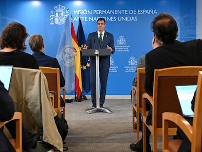 El presidente del Gobierno, Pedro Sánchez, en la sede de la Representación Permanente de España ante Naciones Unidas, en Nueva York, este miércoles.