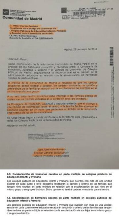 Arriba, circular a los directores de los centros madrileños de 2017 sobre la escolarización de los múltiples. Debajo, las instrucciones de dicho curso y las de este curso 2018-2019.