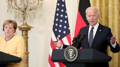 Angela Merkel e Joe Biden na Casa Branca nesta quinta-feira.