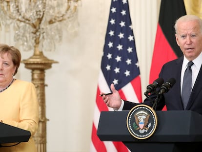 Angela Merkel y Joe Biden, en rueda de prensa este jueves.