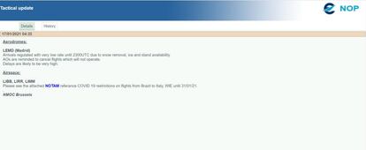 Captura de la pantalla web de Eurocontrol en la que aparece la advertencia de la nueva situación del aeropuerto de Madrid Barajas.