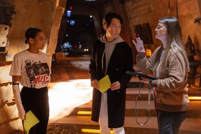 Leslye Headland directs Amandla Stenberg and Lee Jung-jae, on the set of 'The Acolyte'.