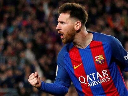 Messi festeja su segundo gol al Valencia.