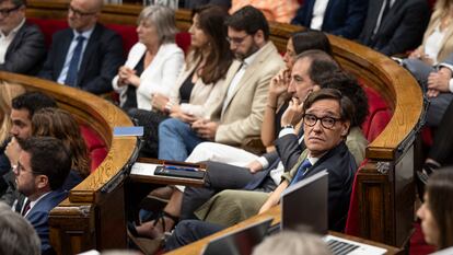 El candidato del PSC, Salvador Illa, en un momento del Pleno del Parlamente, este miércoles.