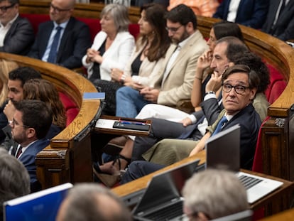 El candidato del PSC, Salvador Illa, en un momento del Pleno del Parlamente, este miércoles.