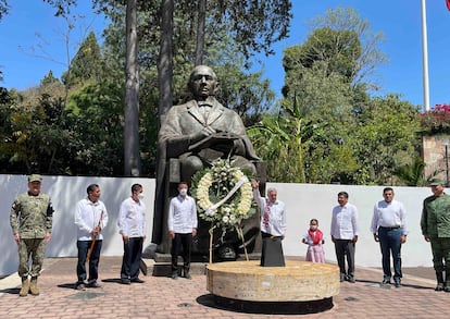 Andrés Manuel López Obrador durante el  215 Aniversario del natalicio de Benito Juárez en Guelatao (Oaxaca), en 2021.