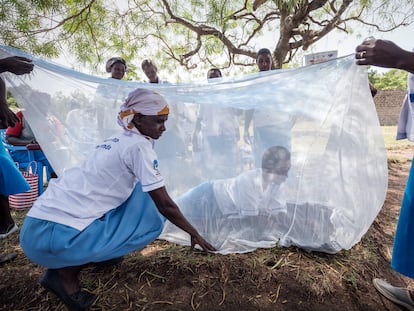 Reparto de mosquiteras para protegerse de la malaria en una comunidad rural de Kenia.