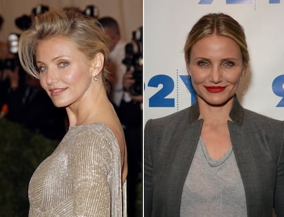 Cameron Diaz es otra de las estrellas arrepentidas del bótox que no ha dudado en hablar públicamente de ello. "Prefería ver mi cara envejeciendo que una cara que no decía nada", confesó hace unos años en televisión. Hoy es una firme defensora de las arrugas como símbolo del paso del tiempo, se atreve a publicar en las redes sociales fotografías en las que aparece sin maquillaje e incluso ha publicado un libro en el que ofrece consejos acerca de cómo envejecer “sabiamente con gracia y salud”. A la izquierda, la actriz de ‘Algo pasa con Mary’ en la gala del Met de 2012, y, a la derecha, en un evento el pasado mes de abril.