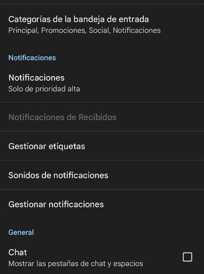 Opciones Gmail notificaciones