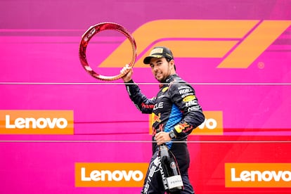 Checo Pérez celebrates his latest Formula 1 podium finish at the Chinese Grand Prix in April 2024.