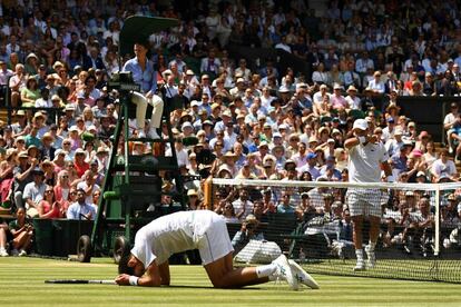 Djokovic, sobre el césped tras un punto contra Bautista.