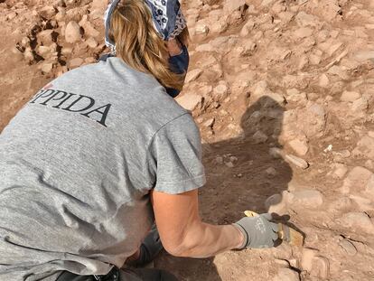 Una arqueóloga trabaja sobre cientos de fragmentos del vertedero de Alhambra (Ciudad Real).