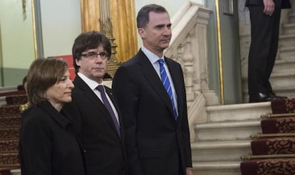 Forcadell, Puigdemont i Felip VI, al Liceu, al febrer.