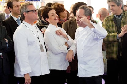 22/03/2010. Cristian Balaguer, Carme Ruscalleda y Ferran Adrià en el Salón Alimentaria de Barcelona.