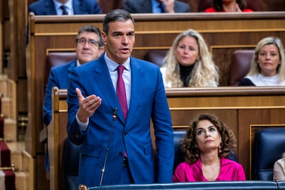 El presidente del Gobierno, Pedro Sánchez, interviene durante la sesión de control al Gobierno de este miércoles.
