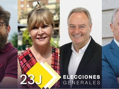 Los cuatro candidatos al 23-J por Castellón: Carlos Navarro (Compromís-Sumar), Susana Ros (PSOE), Alberto Fabra (PP) y Alberto Asarta (Vox).