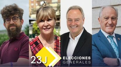 Los cuatro candidatos al 23-J por Castellón: Carlos Navarro (Compromís-Sumar), Susana Ros (PSOE), Alberto Fabra (PP) y Alberto Asarta (Vox).