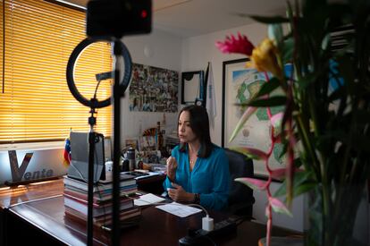 María Corina Machado during a Zoom interview.