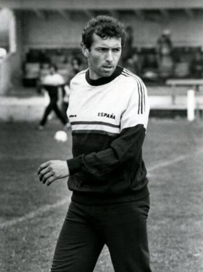 Enrique Castro, "Quini", en un entrenamiento de la Selección Española en los Mundiales en mayo de 1982.