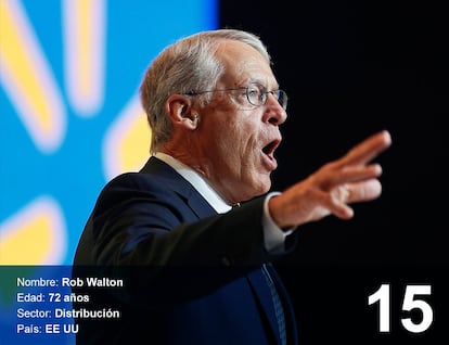 Rob Walton. 34,4 bilhões de dólares (112 bilhões de reais). É o filho mais velho do fundador do Wal-Mart, o gigante da distribuição dos Estados Unidos. Nasceu em 1944 em Tulsa (Oklahoma, Estados Unidos). Em 1966 se formou na Universidade do Arkansas, três anos depois começou a trabalhar na empresa familiar e em 1978 se tornou o vice-presidente. Em 1992 passou a ser o presidente do grupo, após a morte de seu pai. Como curiosidade em sua biografia, a Bloomberg afirma que em 1985 tirou um ano sabático para se preparar para o Ironman no Havaí, uma das mais difíceis provas esportivas. Tem três filhos.