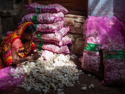 Una mujer pela ajos en un mercado mayorista de hortalizas en Shyam Bazar en Dhaka, Bangladesh, a finales de 2020.